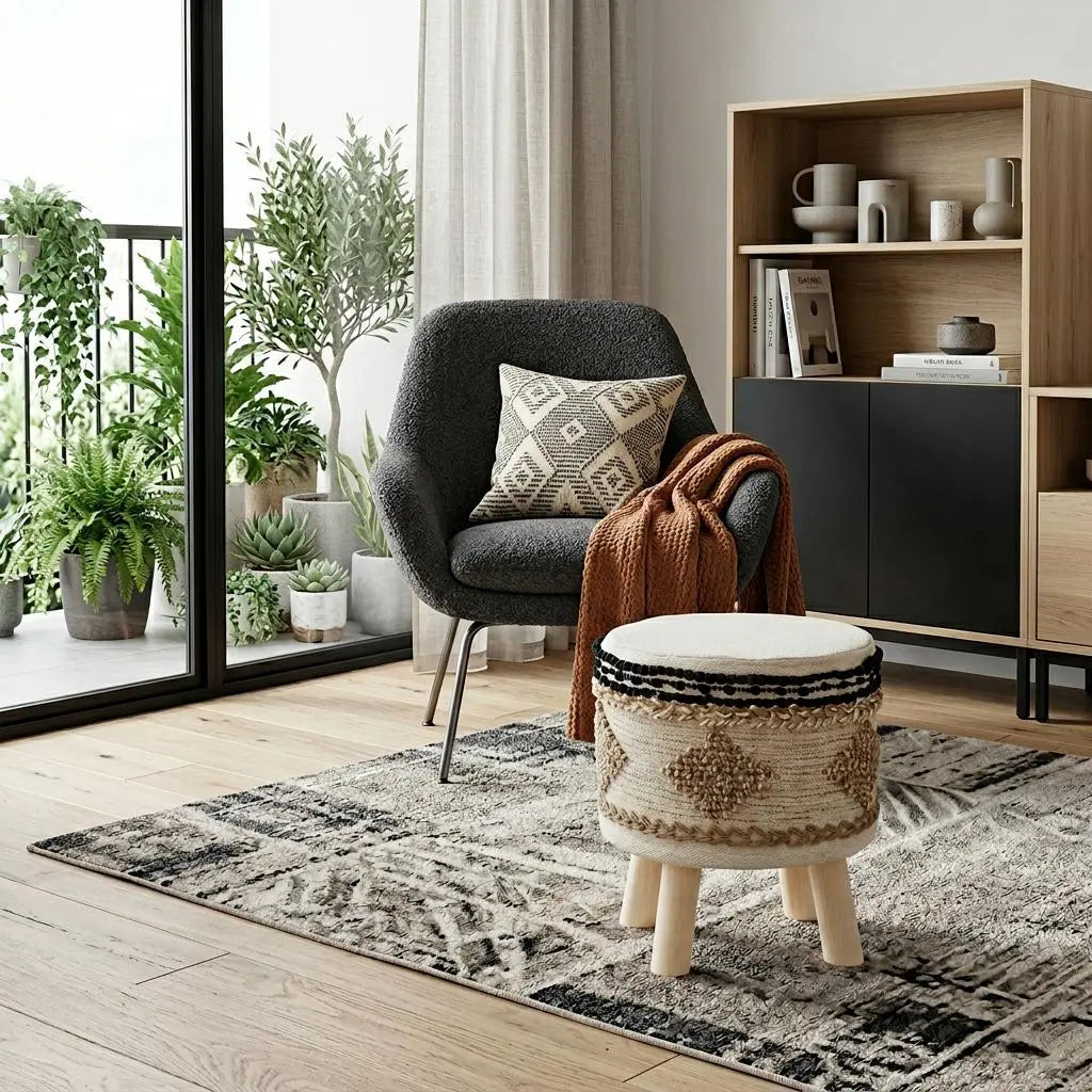 18" Beige and Brown Cotton Abstract Round Footstool Homeroots Living Room