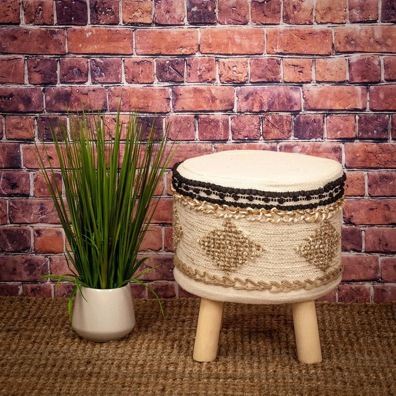 18" Beige and Brown Cotton Abstract Round Footstool Homeroots Living Room