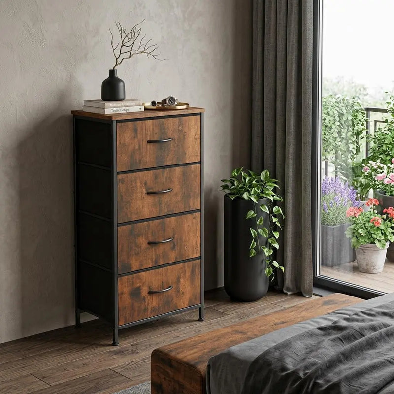 18" Black And Brown Fabric Wood And Metal Four Drawer Dresser Homeroots Bed & Bath