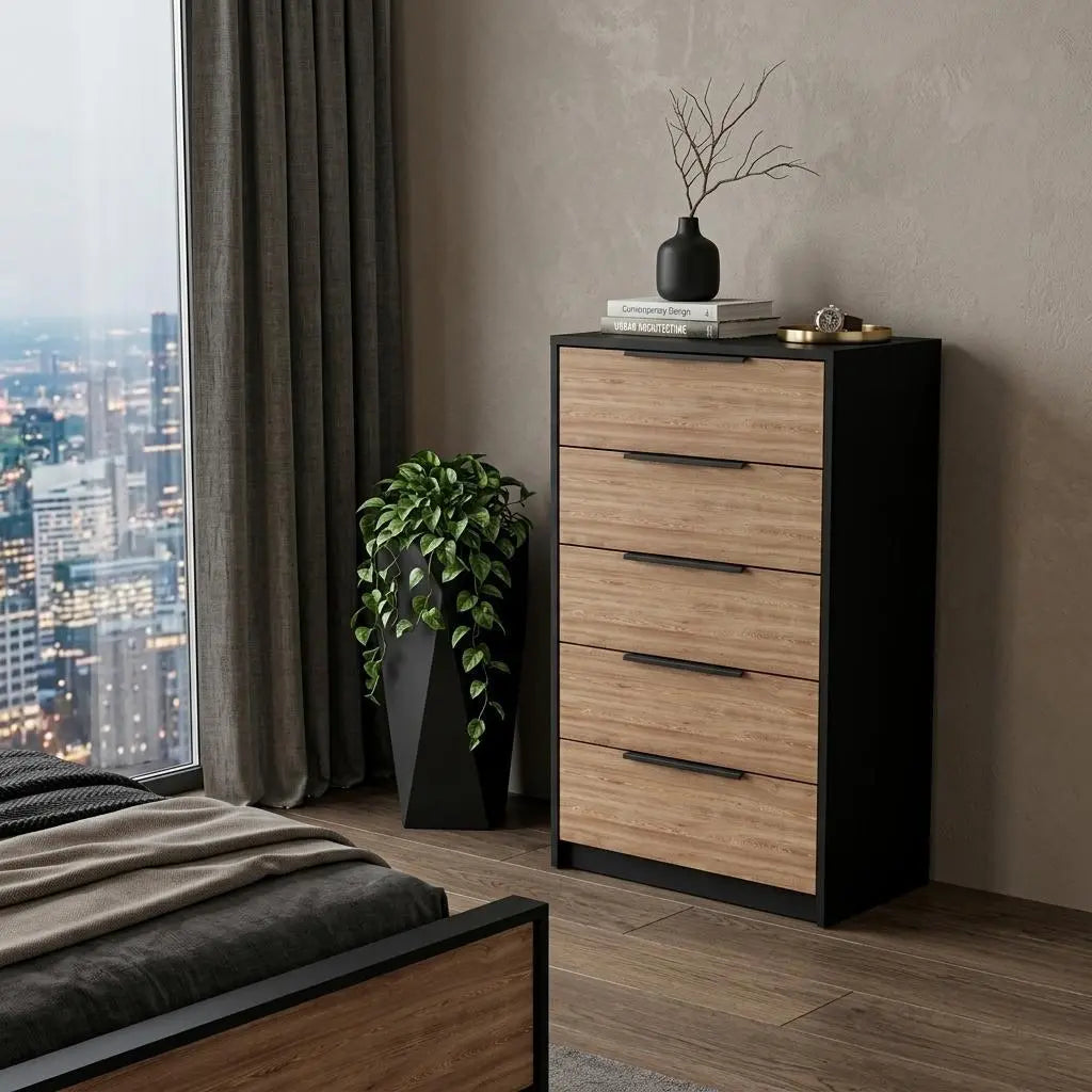 18" Black And Light Brown Wood Five Drawer Dresser Homeroots Bed & Bath