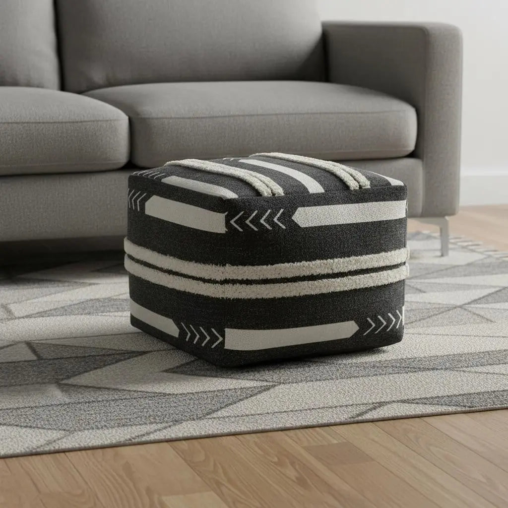 18" Black Cotton Geometric Pouf Ottoman Homeroots Living Room