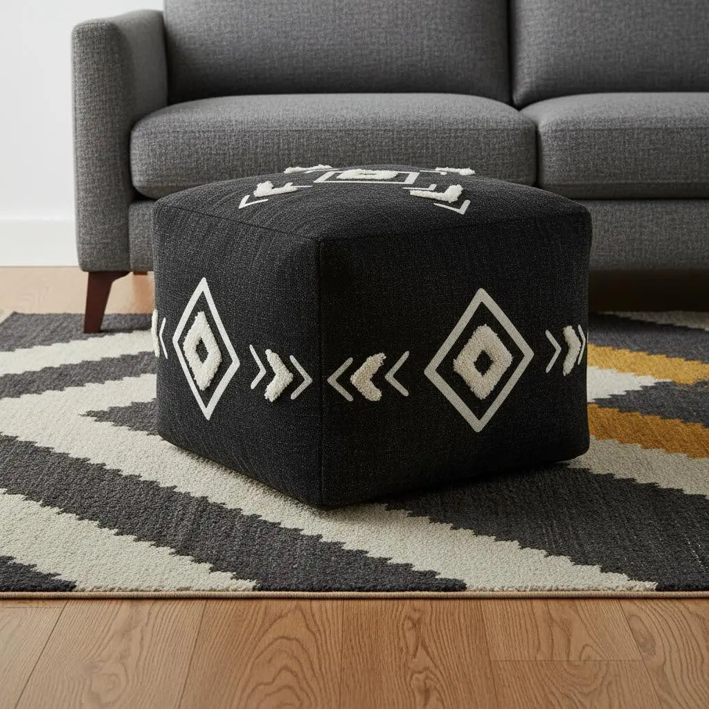 18" Black Cotton Geometric Pouf Ottoman Homeroots Living Room