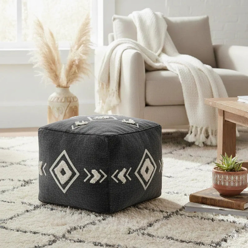 18" Black Cotton Geometric Pouf Ottoman Homeroots Living Room