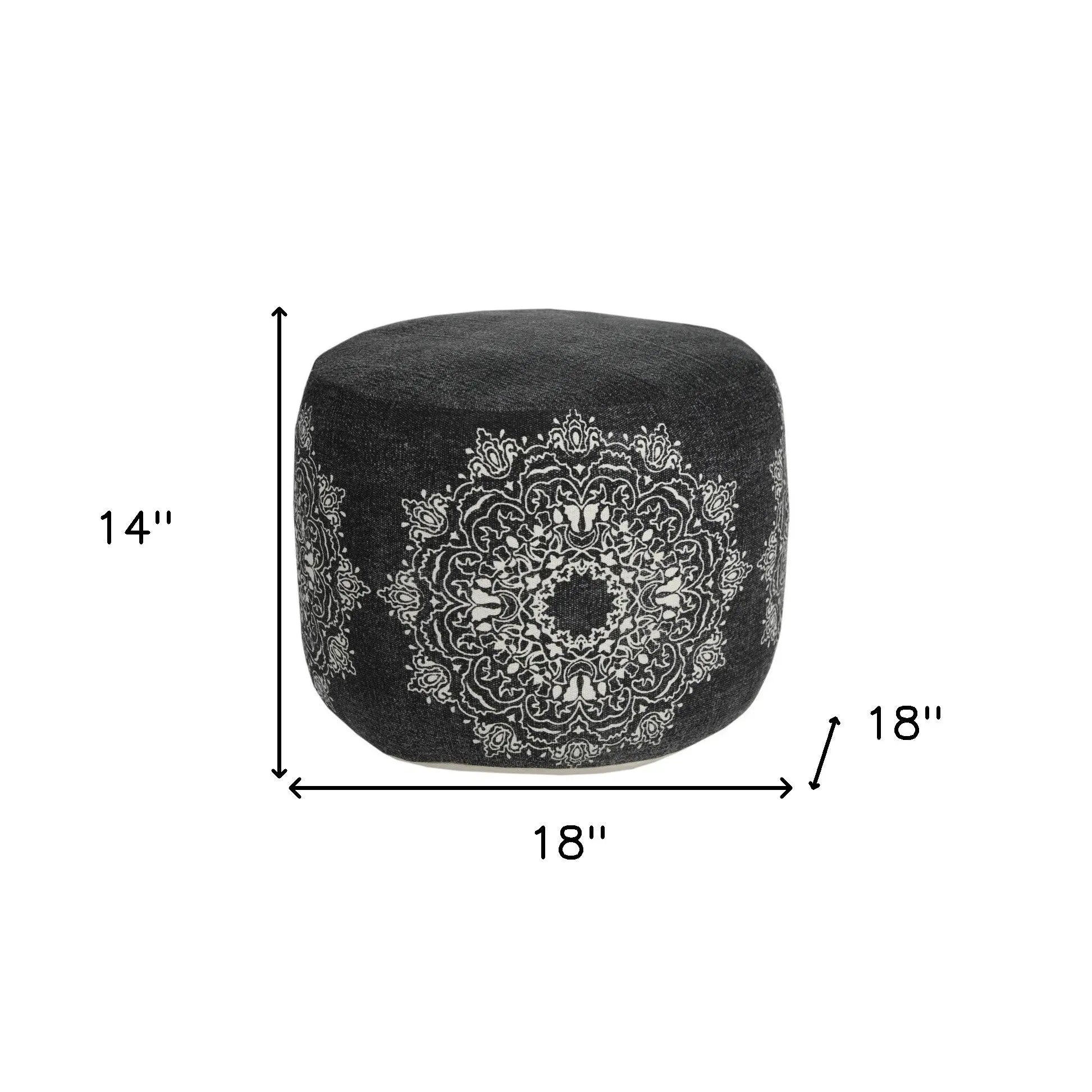18" Black Cotton Medallion Cylinder Pouf Ottoman Homeroots Living Room