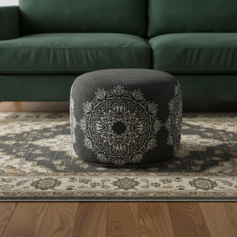 18" Black Cotton Medallion Cylinder Pouf Ottoman Homeroots Living Room