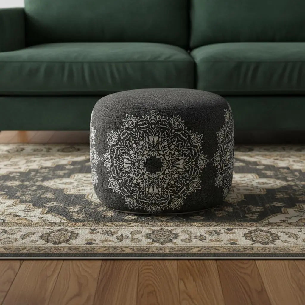 18" Black Cotton Medallion Cylinder Pouf Ottoman Homeroots Living Room