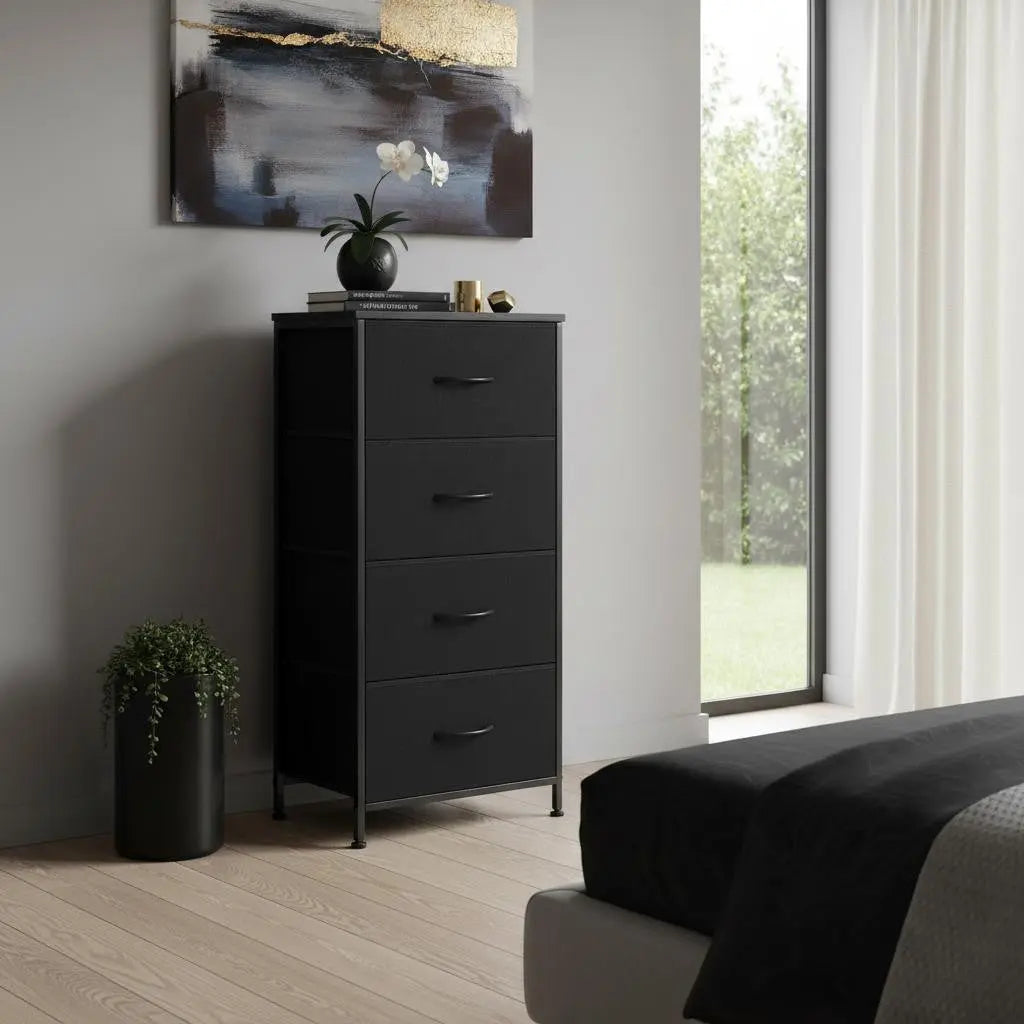 18" Black Fabric Wood and Metal Four Drawer Lingerie Chest Homeroots Bed & Bath