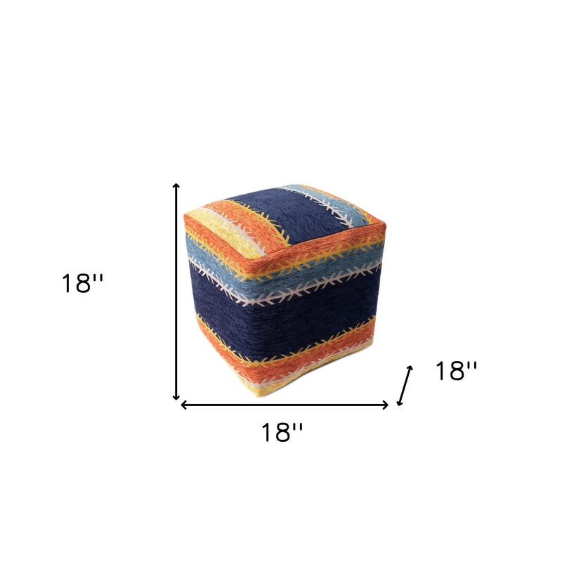 18" Blue And Orange Polyester Blend Striped Pouf Ottoman Homeroots Living Room