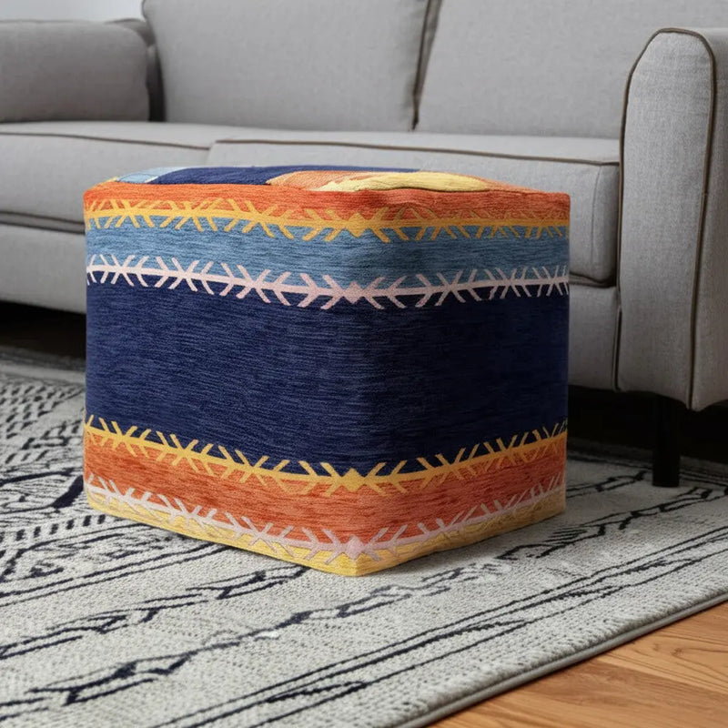 18" Blue And Orange Polyester Blend Striped Pouf Ottoman Homeroots Living Room
