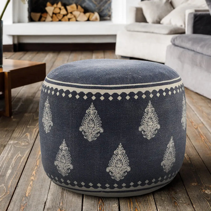 18" Blue Cotton Cylinder Paisley Pouf Ottoman Homeroots Living Room
