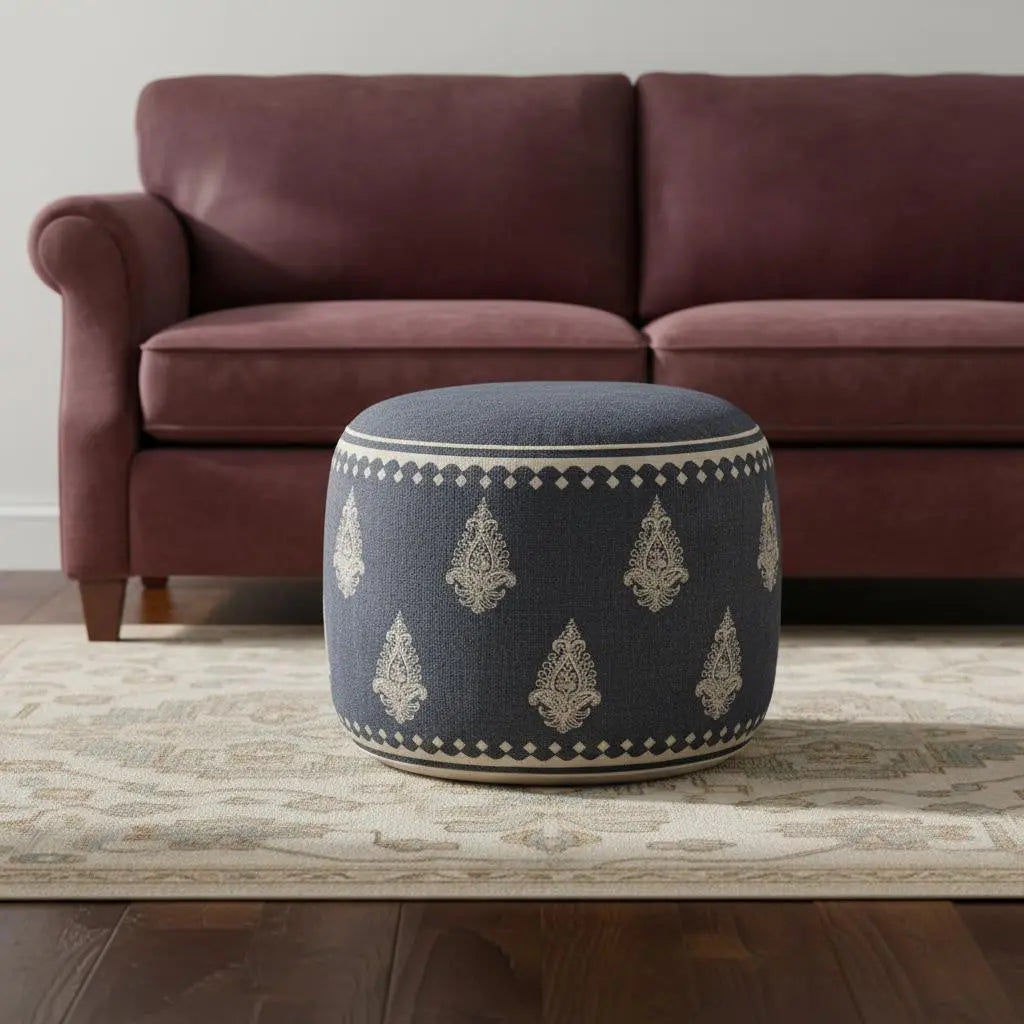 18" Blue Cotton Cylinder Paisley Pouf Ottoman Homeroots Living Room
