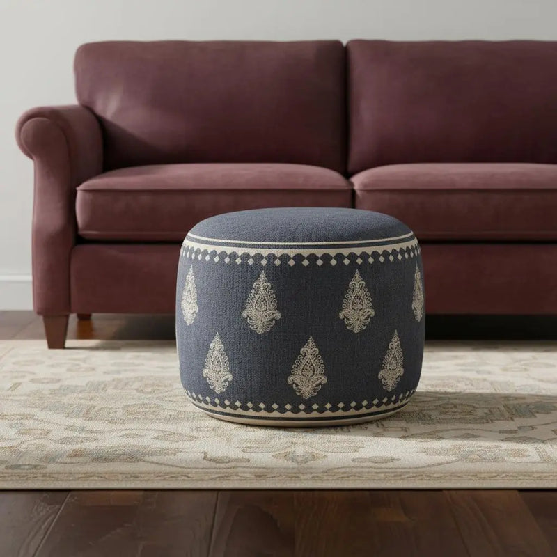 18" Blue Cotton Cylinder Paisley Pouf Ottoman Homeroots Living Room