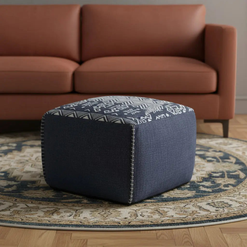 18" Blue Cotton Geometric Pouf Ottoman Homeroots Living Room