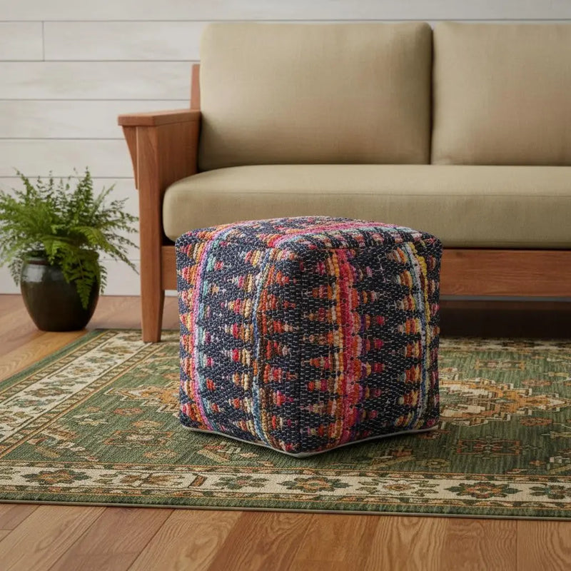18" Blue Cotton and Jute Cube Pouf Ottoman Homeroots Living Room