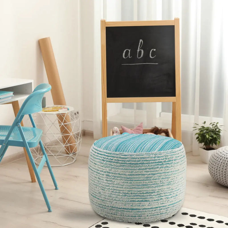 18" Blue Fabric Cylinder Striped Pouf Ottoman Homeroots Living Room