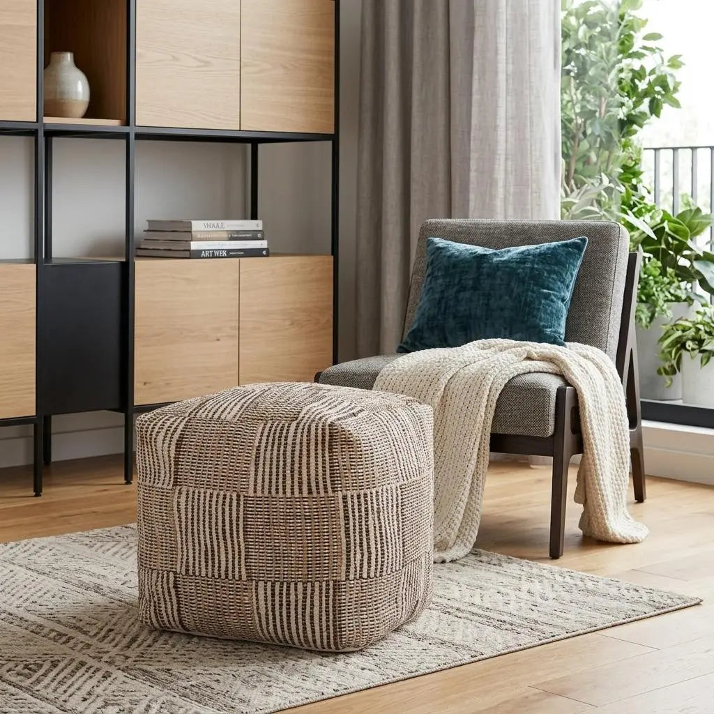 18" Brown Cotton Cube Geometric Pouf Ottoman Homeroots Living Room