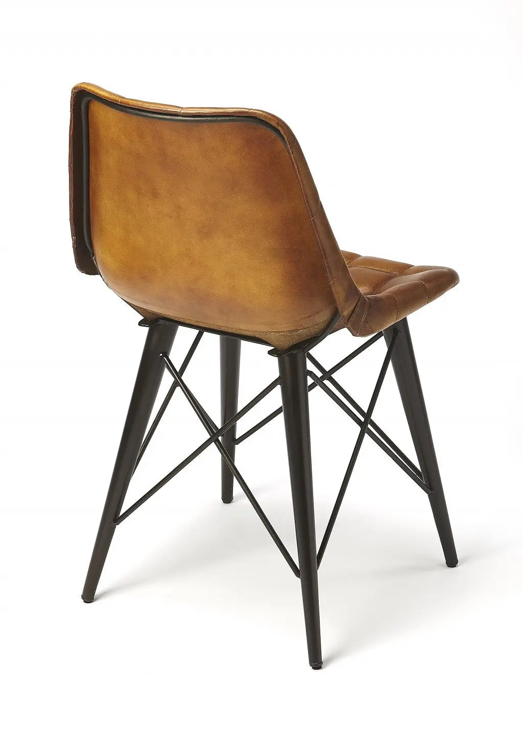 Tan leather dining chair with a modern design and black metal legs, perfect for contemporary interiors.