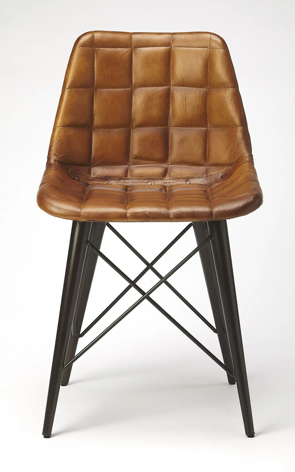 Brown leather tufted dining chair with black metal legs, featuring a stylish modern design.