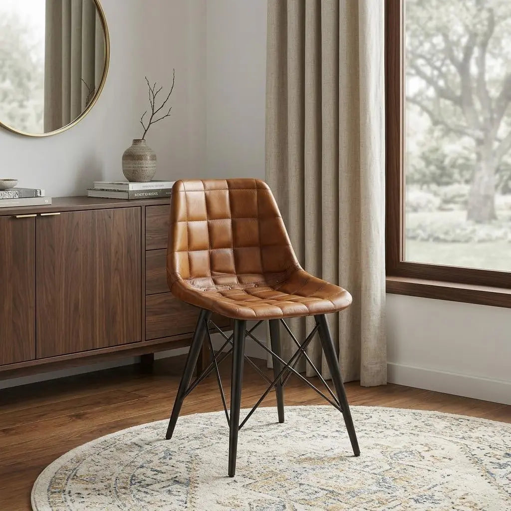 Brown leather quilted dining chair with black metal legs, styled in a modern living room setting.