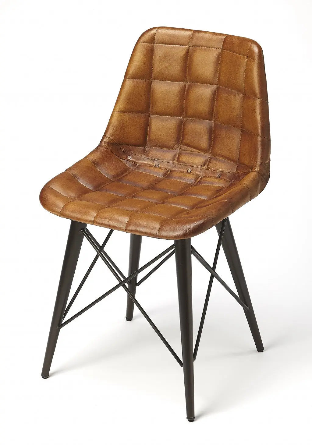 Brown quilted leather dining chair with black metal legs, modern style for contemporary interiors.