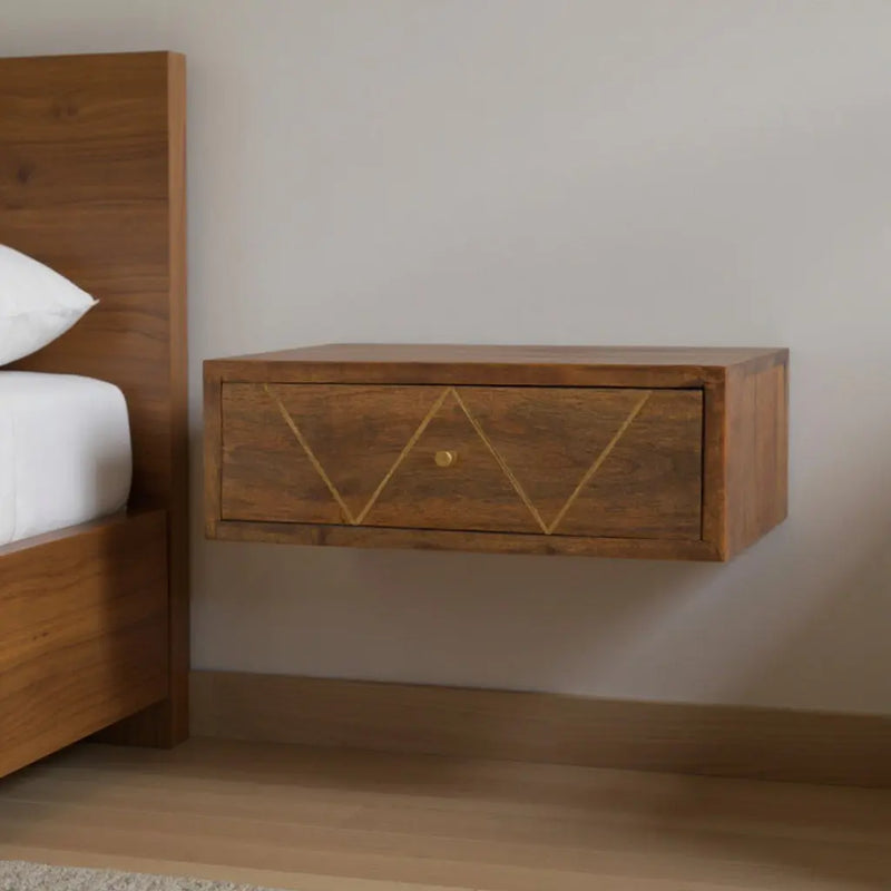 18" Brown Solid Wood Geometric Brass Inlay One Drawer Floating Nightstand Homeroots Bed & Bath