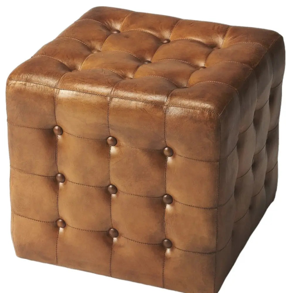 18" Brown Tufted Leather Vintage Style Cube Ottoman Homeroots Living Room