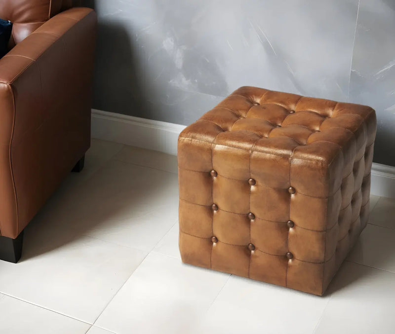 18" Brown Tufted Leather Vintage Style Cube Ottoman Homeroots Living Room