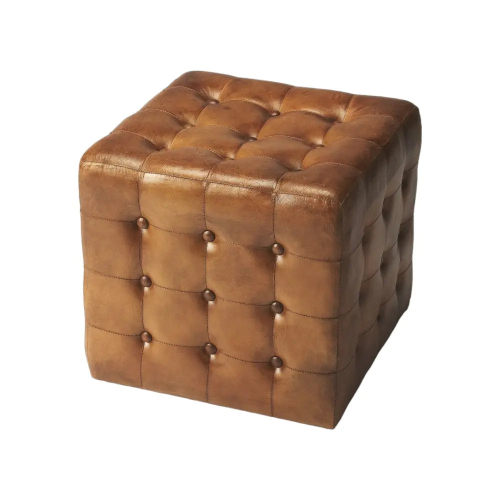 18" Brown Tufted Leather Vintage Style Cube Ottoman Homeroots Living Room