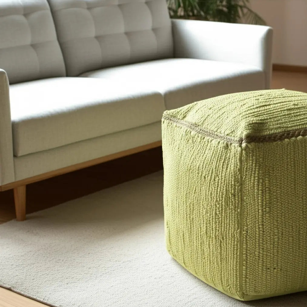18" Citron and Natural Cotton And Jute Cube Pouf Ottoman Homeroots Living Room