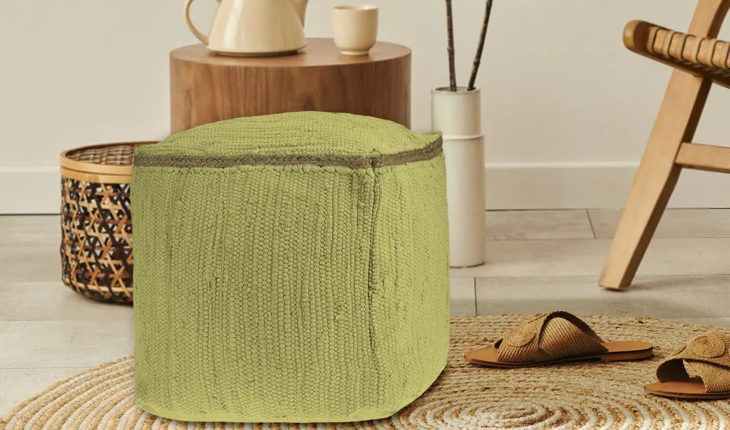 18" Citron and Natural Cotton And Jute Cube Pouf Ottoman Homeroots Living Room