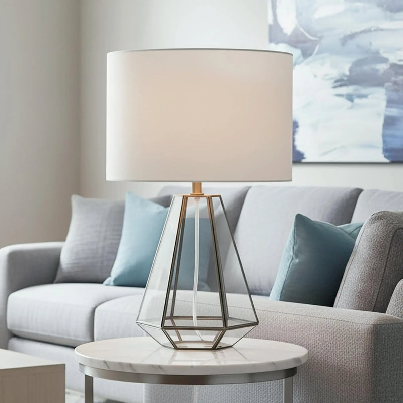 18" Clear And Brass Glass And Metal Geometric Table Lamp With Drum Shade Homeroots Lighting