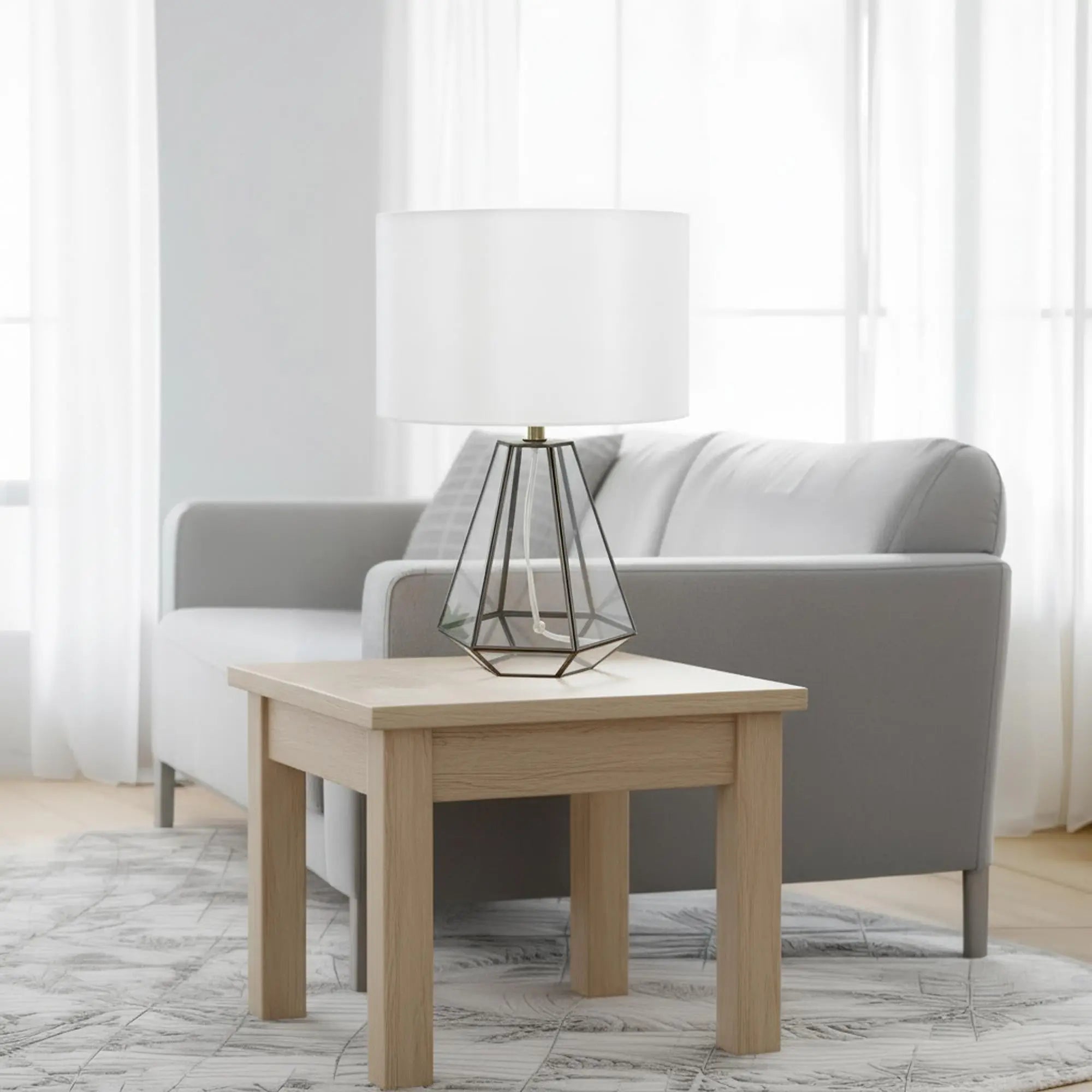 18" Clear And Brass Glass And Metal Geometric Table Lamp With Drum Shade Homeroots Lighting