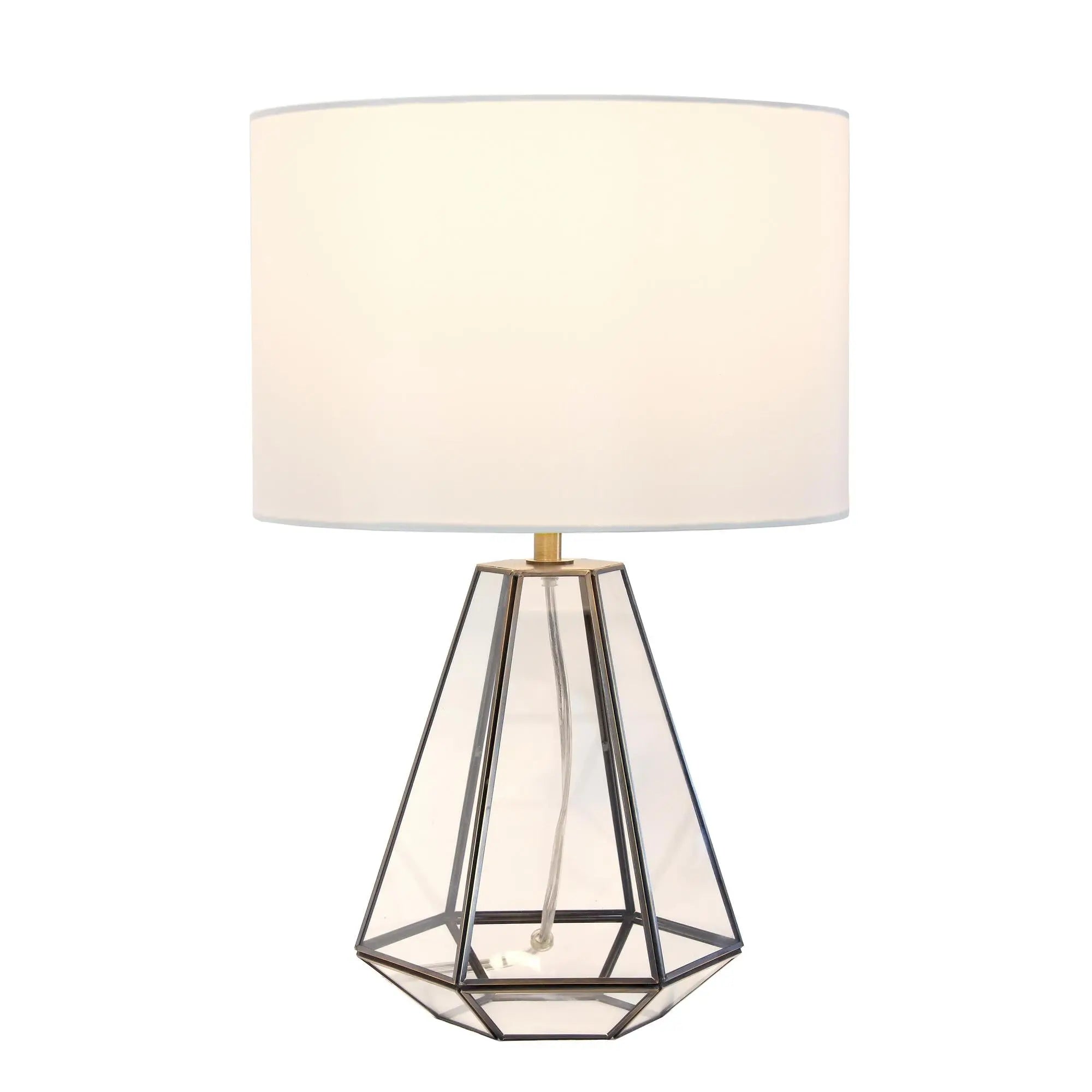 18" Clear And Brass Glass And Metal Geometric Table Lamp With Drum Shade Homeroots Lighting