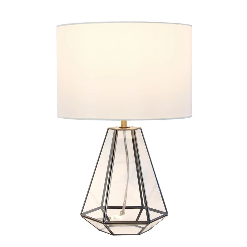 18" Clear And Brass Glass And Metal Geometric Table Lamp With Drum Shade Homeroots Lighting