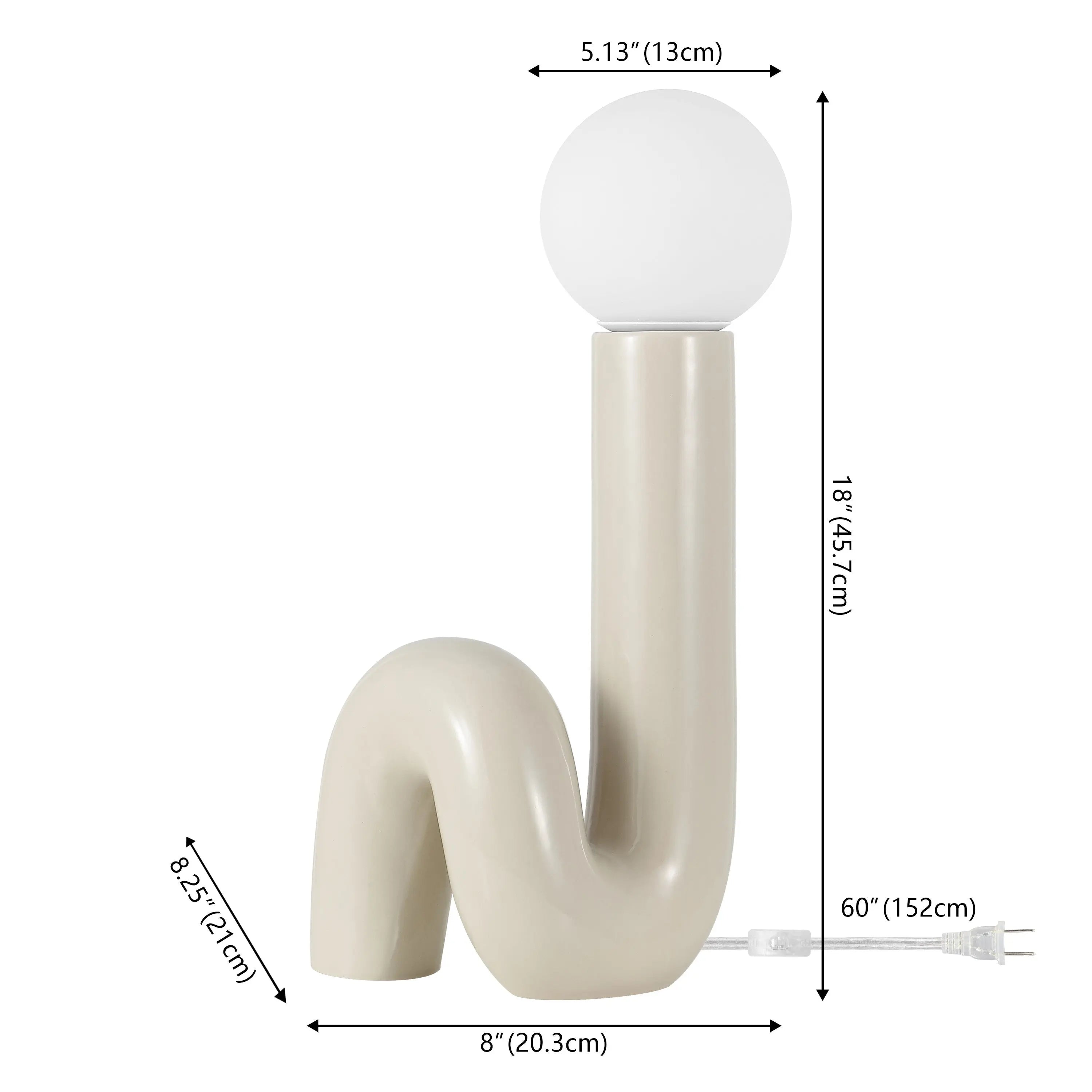 Beige ceramic abstract table lamp with a round white globe, 18" tall, modern style, 60" cord.