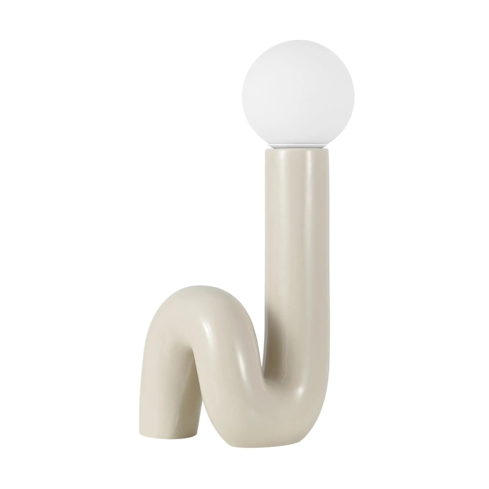 Beige abstract ceramic table lamp with a white globe, featuring a unique, modern design.