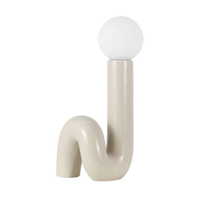Beige abstract ceramic table lamp with a white globe, featuring a unique, modern design.