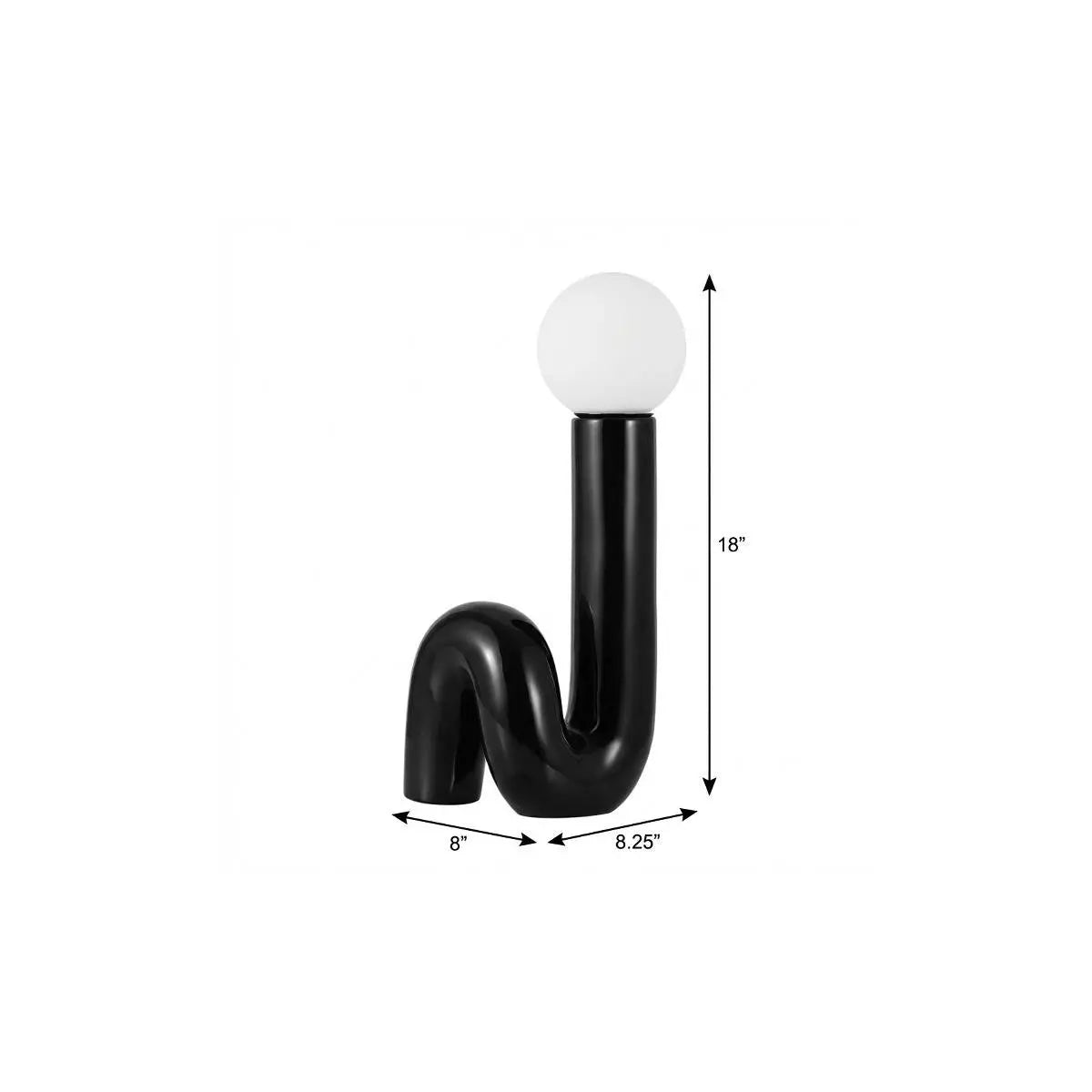 Black curved tabletop lamp with a white globe, 18 inches tall and 8 inches wide, modern design.