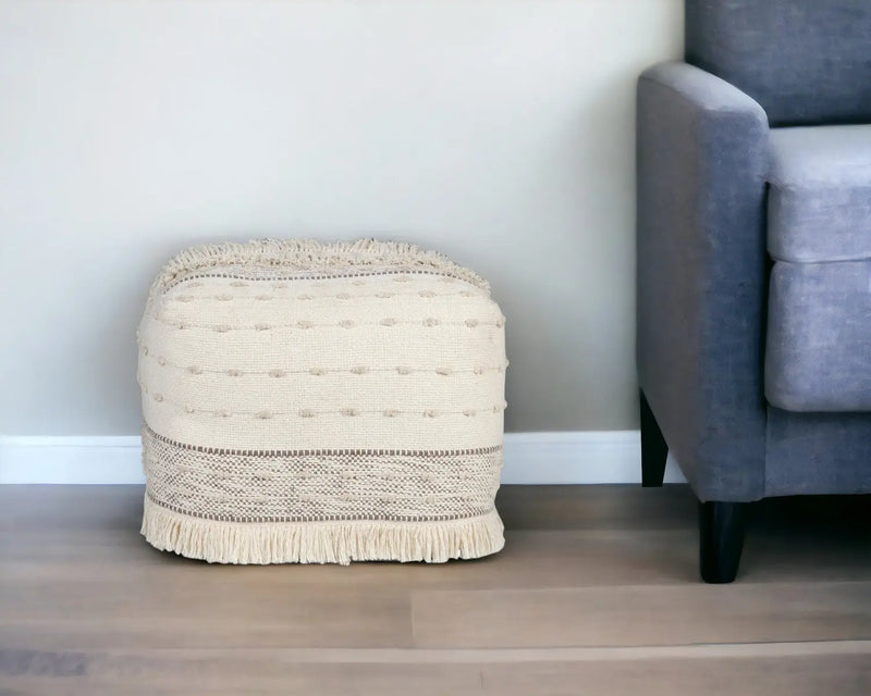 18" Cream Cotton Striped Pouf Ottoman Homeroots Living Room