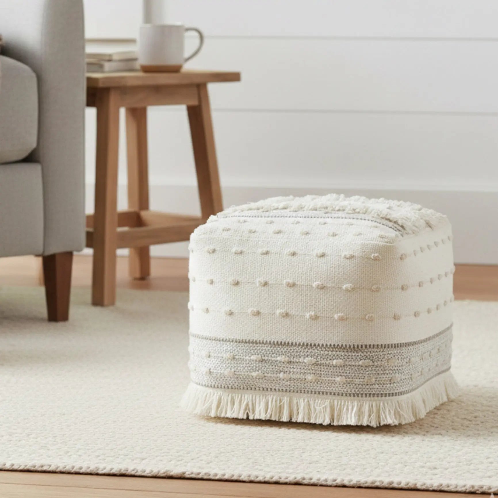 18" Cream Cotton Striped Pouf Ottoman Homeroots Living Room