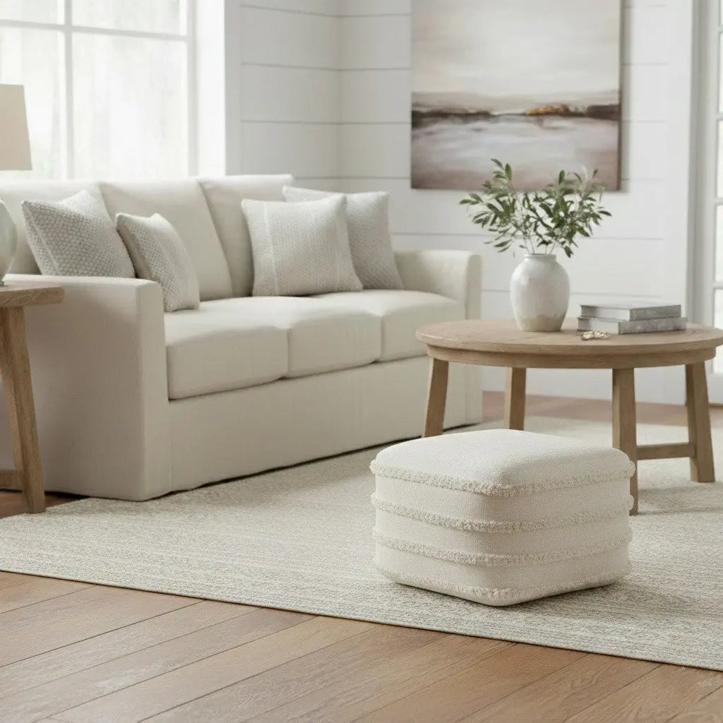 18" Cream Cotton Tufted Cube Striped Pouf Ottoman Homeroots Living Room