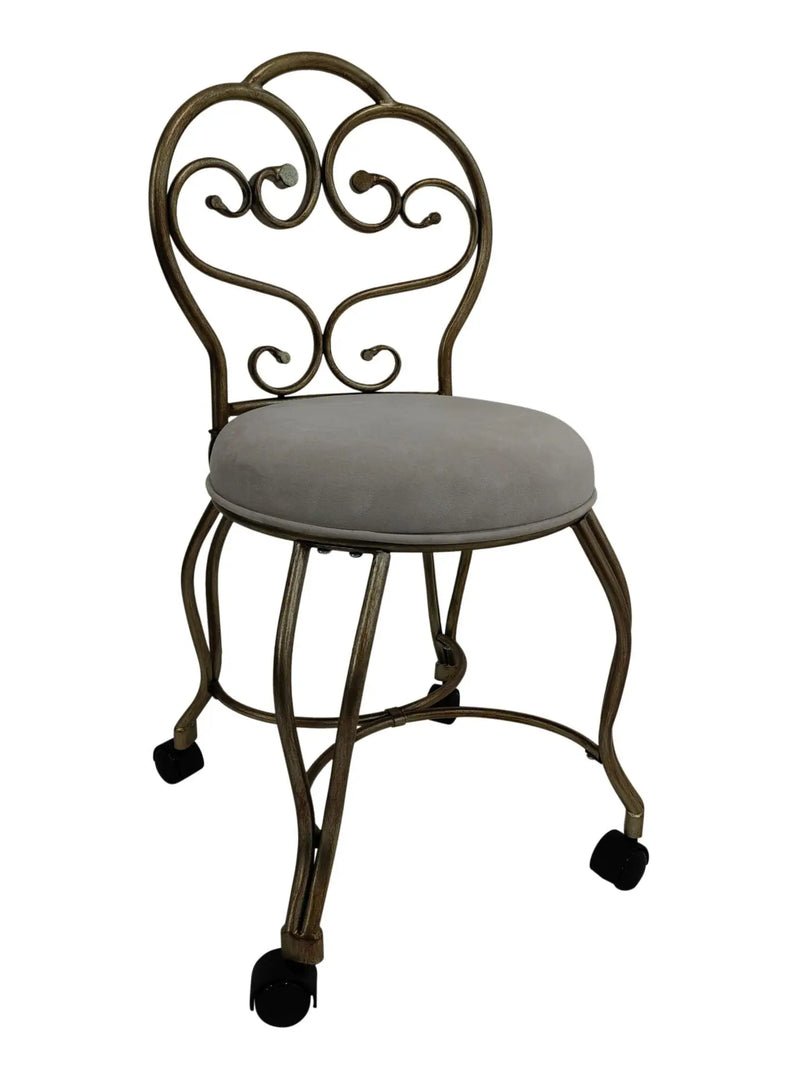 18" Cream and Brass Microfiber and Metal Upholstered Round Bench Homeroots