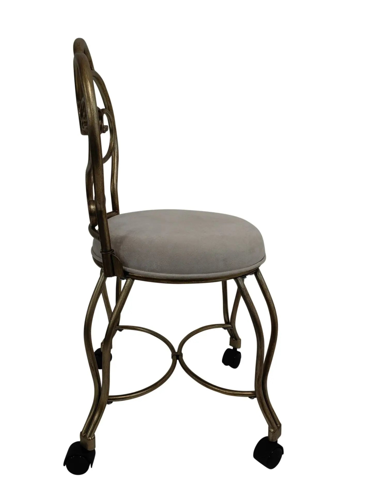18" Cream and Brass Microfiber and Metal Upholstered Round Bench Homeroots