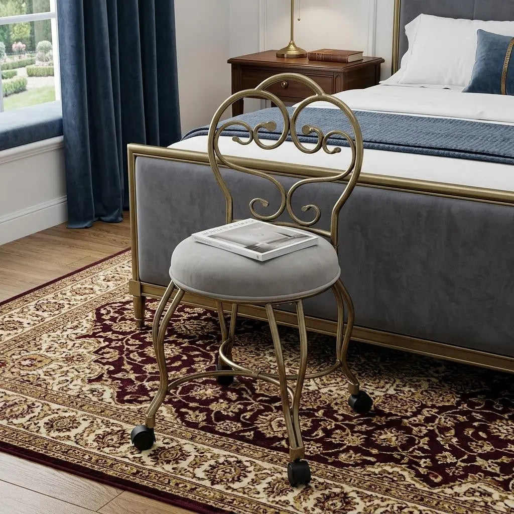 18" Cream and Brass Microfiber and Metal Upholstered Round Bench Homeroots