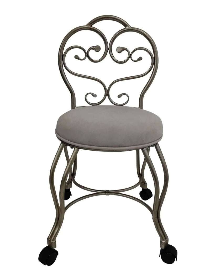 18" Cream and Silver Microfiber and Metal Upholstered Round Bench Homeroots