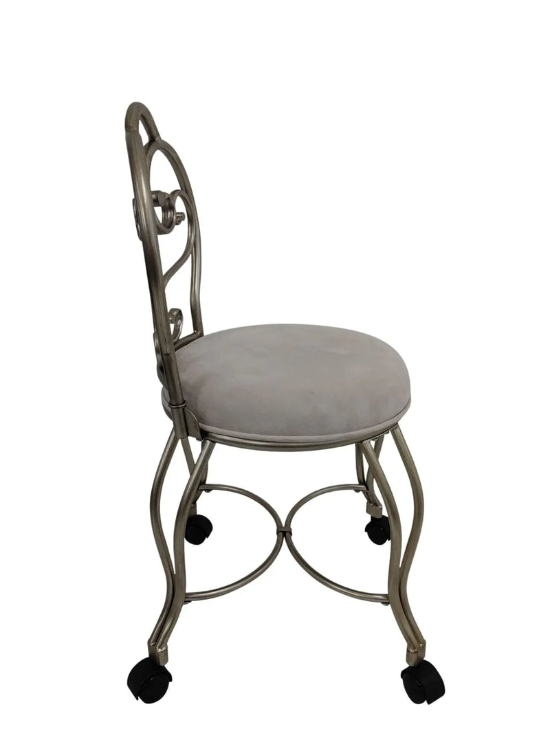 18" Cream and Silver Microfiber and Metal Upholstered Round Bench Homeroots
