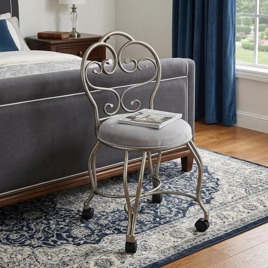 18" Cream and Silver Microfiber and Metal Upholstered Round Bench Homeroots