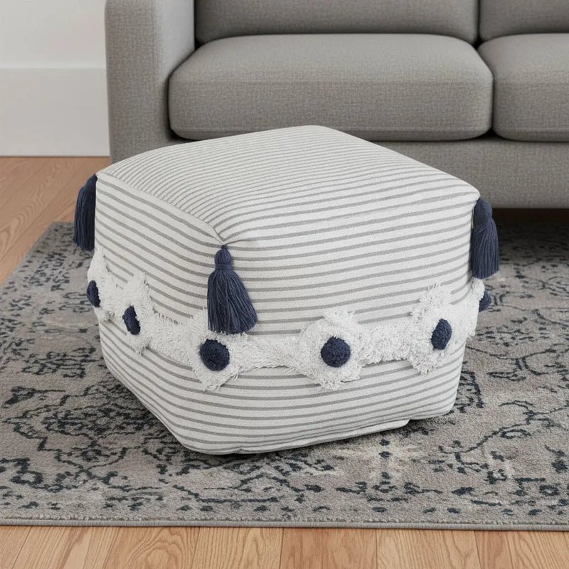 18" Gray Cotton Striped Pouf Ottoman Homeroots Living Room