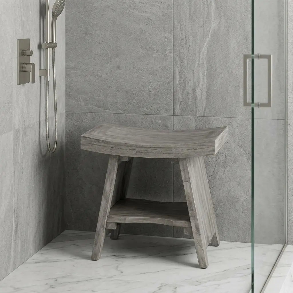 18" Gray Solid Wood Rectangular Shower Bench With Shelf Homeroots Bed & Bath