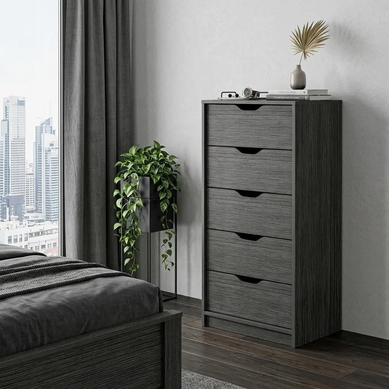 18" Gray Wood Five Drawer Dresser Homeroots Bed & Bath